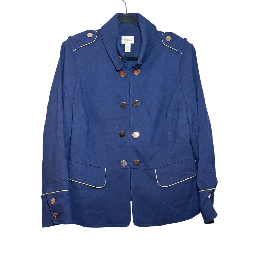 Chicos Military Style Navy Blue‎ Blazer Jacket Gold Trim Buttons Size 2